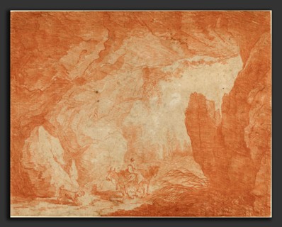 Hubert Robert (French, 1733 - 1808), Young Woman with Donkeys Riding under a Natural Bridge, red