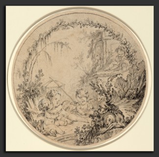 Attributed to Charles Eisen (French, 1720 - 1778), Three Putti with a Fishing Net, black chalk on