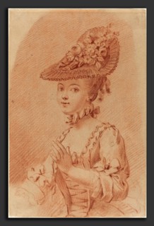 French 18th Century, A Young Girl Wearing a Flowered Hat, red chalk on light beige laid paper