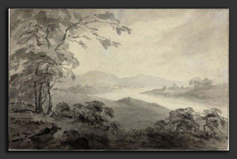 William Gilpin (British, 1724 - 1804), River Landscape with Ruins, 1770s, pen and black ink with