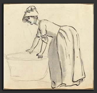 Paul Sandby (British, 1731 - 1809), Girl with a Bonnet at Work [recto], pen and black ink with gray