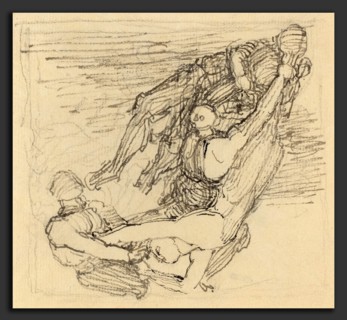 John Flaxman (British, 1755 - 1826), Figure Being Transported through the Air, pen and gray ink