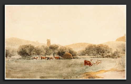 Peter De Wint (British, 1784 - 1849), A Meadow with Cattle near Glastonbury, watercolor over