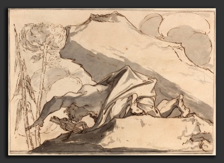 Paul Troger (Austrian, 1698 - 1762), A Desert Hermit Adoring the Crucifix, pen and iron gall ink