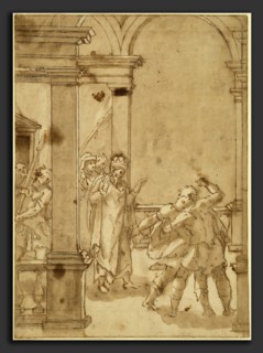 Cesare Nebbia (Italian, c. 1536 - c. 1614), Two Figures Struggling before a King, probably c.
