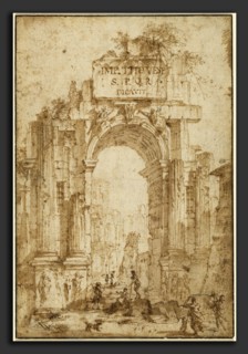 Circle of Giovanni Paolo Panini, Arch of Titus, pen and brown ink and brown wash on laid paper