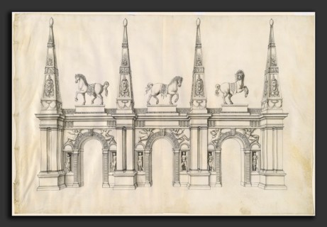 Jacques Androuet Ducerceau I, A Triumphal Arch with Caparisoned Horses and Ornamented Pinnacles,