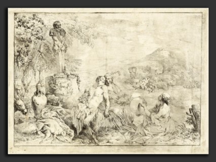 Giovanni David after Giovanni Benedetto Castiglione, Landscape with a Satyr Family and Classical