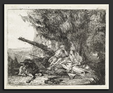 Giovanni Domenico Tiepolo (Italian, 1727 - 1804), The Rest on the Flight, with Holy Family under a