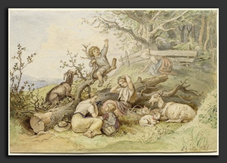 Ludwig Richter (German, 1803 - 1884), Children and Goats Resting by a Fallen Tree, 1868, pen and