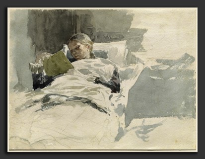 Leopold von Kalckreuth (German, 1855 - 1928), The Artist's Wife Reading in Bed, 1885-1890,