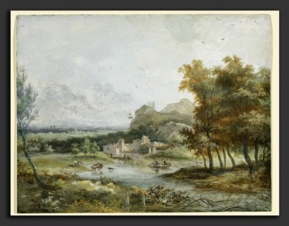 Louis Gabriel Moreau the Elder (French, 1739 - 1806), Italian Landscape with a Boating Party,