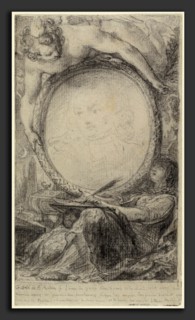 Gabriel Jacques de Saint-Aubin, Allegorical Frame with a Genius and a Veiled Woman Writing, French,