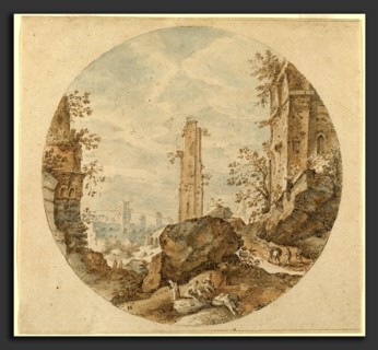 Pieter Stevens, Travellers among Roman Ruins, Flemish, c. 1567 - 1624 or after, pen and brown ink