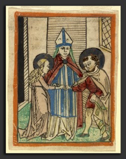 German 15th Century, The Marriage of the Virgin, 1480-1490, woodcut, hand-colored in red lake,