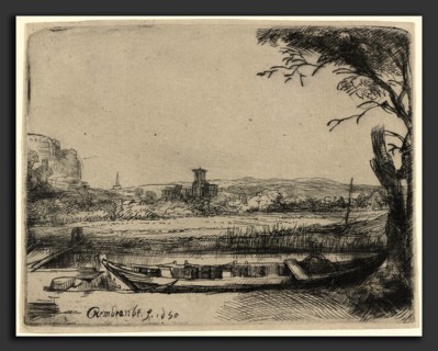 Rembrandt van Rijn, Canal with a Large Boat and Bridge, Dutch, 1606 - 1669, 1650, etching and