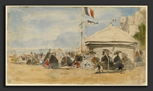 EugÃ¨ne Boudin, Beach House with Flags at Trouville, French, 1824 - 1898, c. 1865, watercolor over