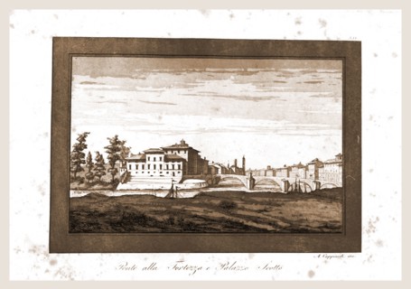 Pisa, acquerello da Angiolo Cappiardi, Ponte alla Fortezza e Palazzo Scotto