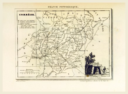Map Correze, France pittoresque, 19th century engraving