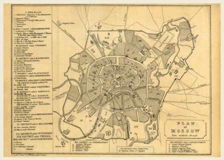 Map of Moscow, Russia, 19th century engraving