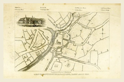 Map, Mancuniensis or an history of the town of Manchester and Salford, 19th century engraving