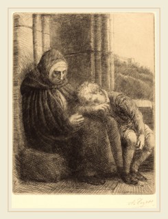 Alphonse Legros, Woman Seated against a Wall, Child with His Head in Her Lap (Femme assise,