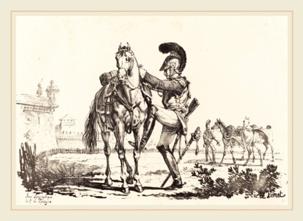 Carle Vernet (French, 1758-1836), Carabinier Mounting a Horse, lithograph