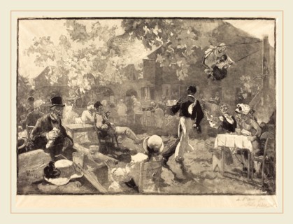 Auguste LepÃ¨re after Daniel Vierge (French, 1849-1918), Au coq des bruyeres, 1888, wood engraving