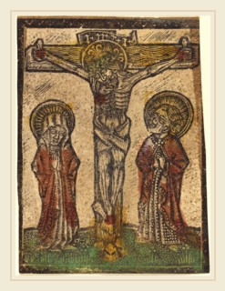German 15th Century, Christ on the Cross, 1470-1480, metalcut, hand-colored in green, red, and