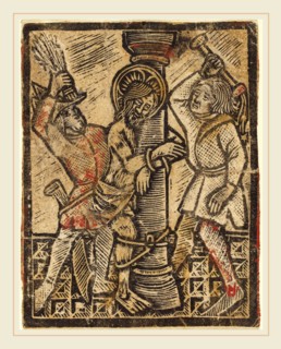 German 15th Century, The Flagellation, 1470-1480, metalcut, hand-colored in red and yellow