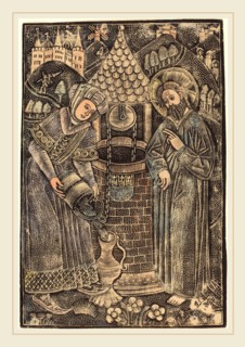 German 15th Century, Christ and the Woman of Samaria, c. 1470, metalcut, hand-colored in gray and
