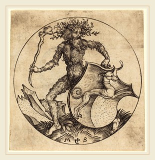 Martin Schongauer (German, c. 1450-1491), Wild Man Holding a Shield with a Greyhound, c. 1480-1490,