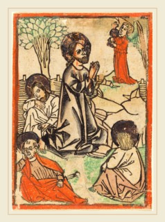 German 15th Century, Christ on the Mount of Olives, c. 1460, woodcut, hand-colored in orange-red,
