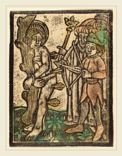German 15th Century, Saint Sebastian, c. 1480, metalcut, hand-colored in green, rose, and yellow