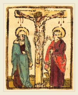 German 15th Century, Christ on the Cross, c. 1490-1500, woodcut, hand-colored in blue-green,