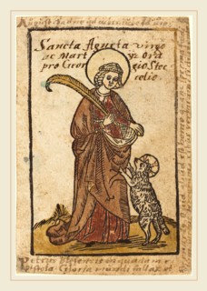 German 15th Century, Saint Agnes, c. 1490, hand-colored woodcut with manuscript inscriptions