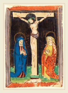 German 15th Century, Christ on the Cross, c. 1460, woodcut, hand-colored in blue, orange, yellow,