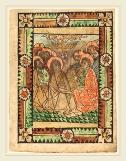 German 15th Century, The Descent of the Holy Ghost, c. 1450, woodcut, hand-colored in tan, brown,