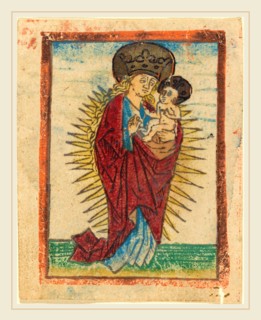 German 15th Century, Madonna and Child in a Glory, c. 1475, woodcut in brown, hand-colored in red