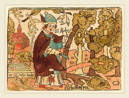 German 15th Century, Saint Alto, c. 1500, woodcut, hand colored in burgundy, blue-green, orange,