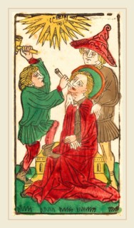 German 15th Century, Saint Apollonia, c. 1450, woodcut, hand-colored in red lake, green, yellow,