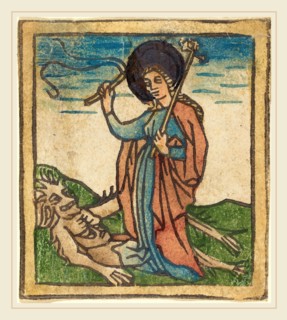 German 15th Century, Saint Juliana, c. 1460, woodcut, hand-colored in blue, green, rose, brown,