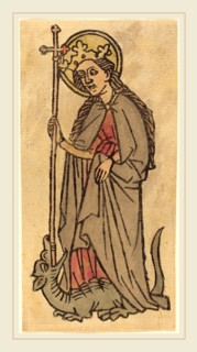 German 15th Century, Saint Margaret, c. 1460, woodcut, hand-colored in gray, rose, and yellow