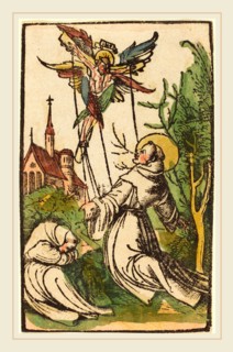 German 15th Century, Saint Francis Receiving the Stigmata, 1500-1510, woodcut, hand-colored in