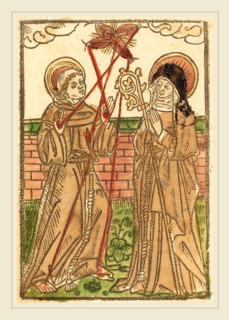 German 15th Century, Saint Francis and Saint Clara, c. 1480, woodcut, hand-colored in brown, rose,