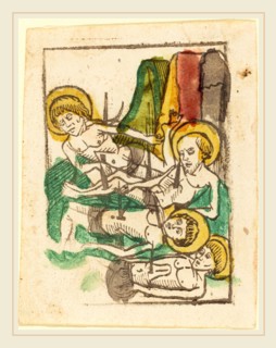 German 15th Century, Four Martyrs-Saint Acacius, c. 1480, woodcut in brown, hand-colored in yellow,