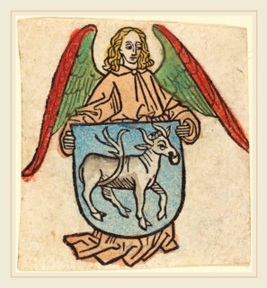 German 15th Century, Bookplate of Hilprand Brandenburg of Bibrach, c. 1475, woodcut, hand-colored