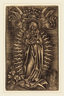 German 15th Century, The Virgin Crowned by Two Angels, c. 1500, white line woodcut