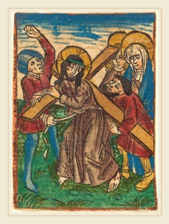 German 15th Century, Christ Bearing the Cross, c. 1490, hand-colored woodcut