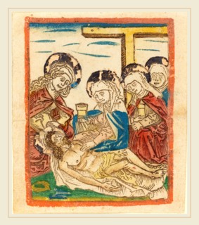 German 15th Century, The Lamentation, c. 1480-1490, woodcut in dark brown, hand-colored in